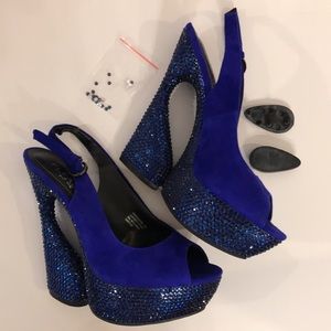 Pleaser Day & Night blue suede & crystal swan platform high heels. Size 8.